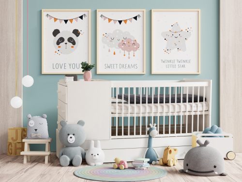 Interior kids room wallpaper/Mockup posters in child room interi Otroška posteljica Klups Kompakt: posteljica in previjalna miza bela